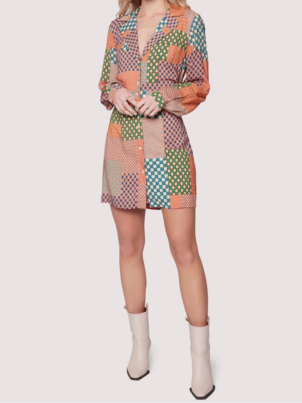 Lost + Wander Blissful Mesa Button-Front Mini Dress in Orange, Green and Blue